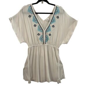 KONA SOL COVERUP, Sz S, White V-Neck Tunic / Beach Coverup w/ Embroodery & Ties.